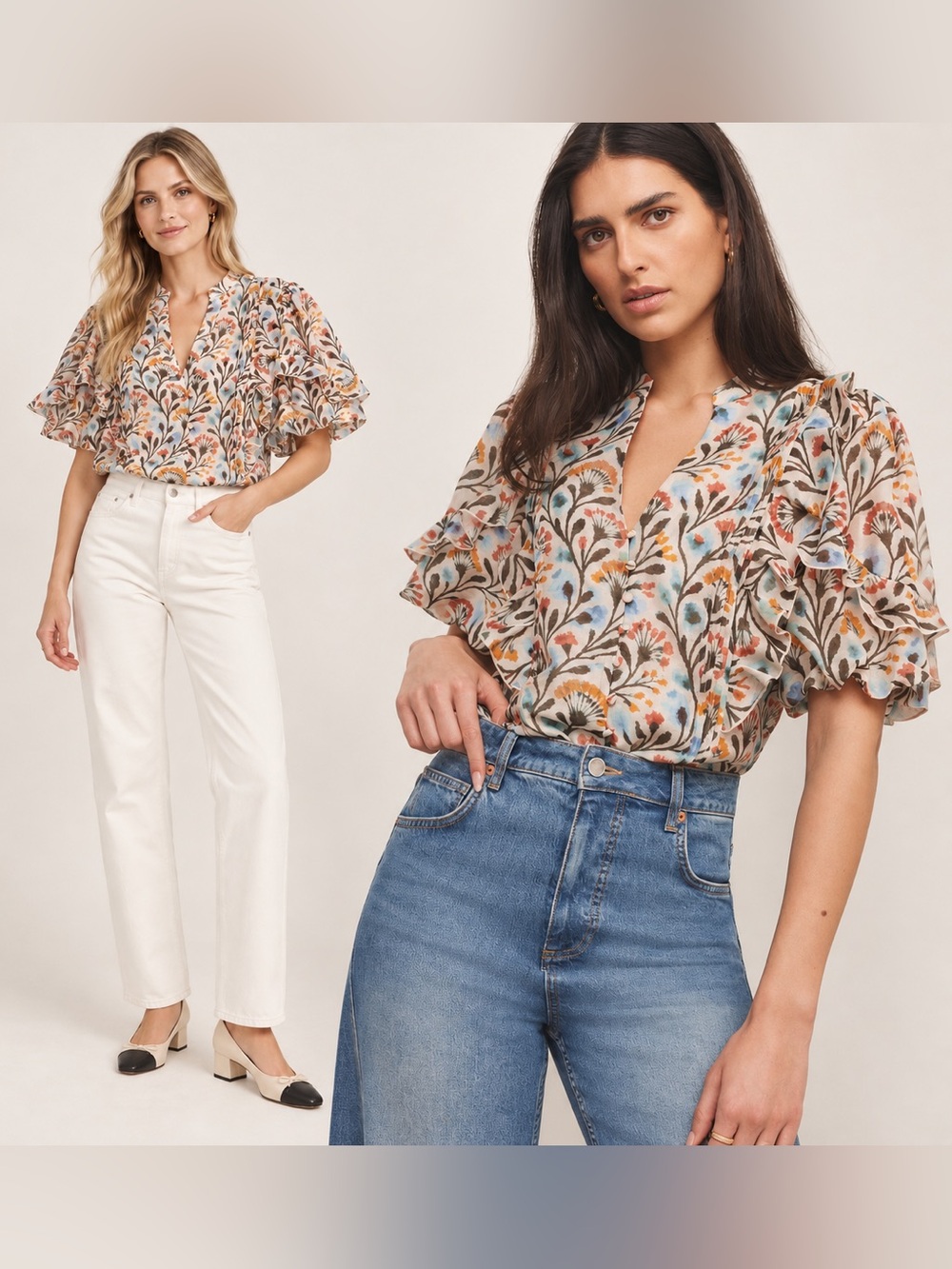 Mint Velvet Allover Floral Ruffle Blouse Cotton Top Boho Cottagecore Peasant L